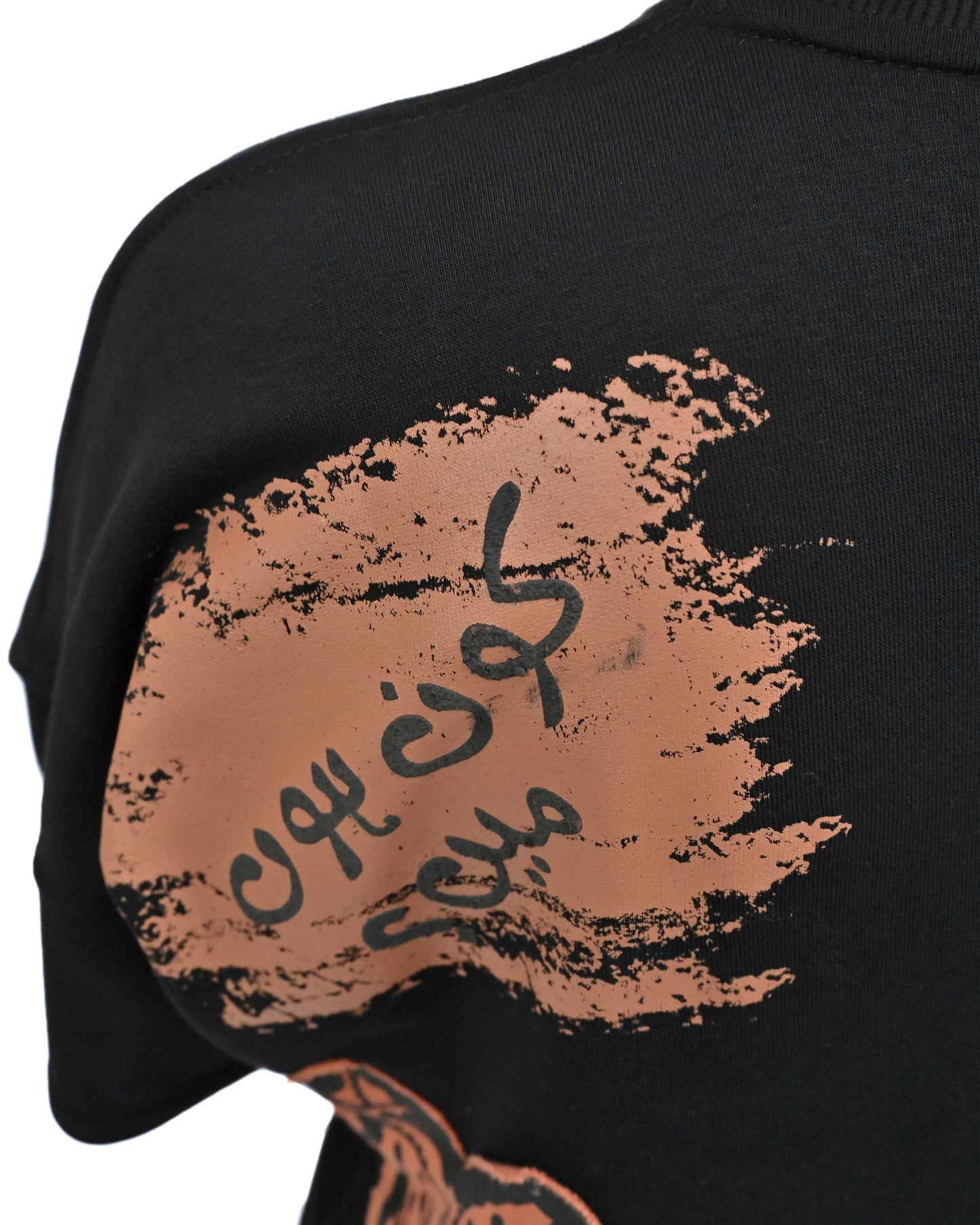 Person wearing "Vese in Stone" a Cream And Black graphic t-shirt with text on the back, standing against a white background made in pakistan