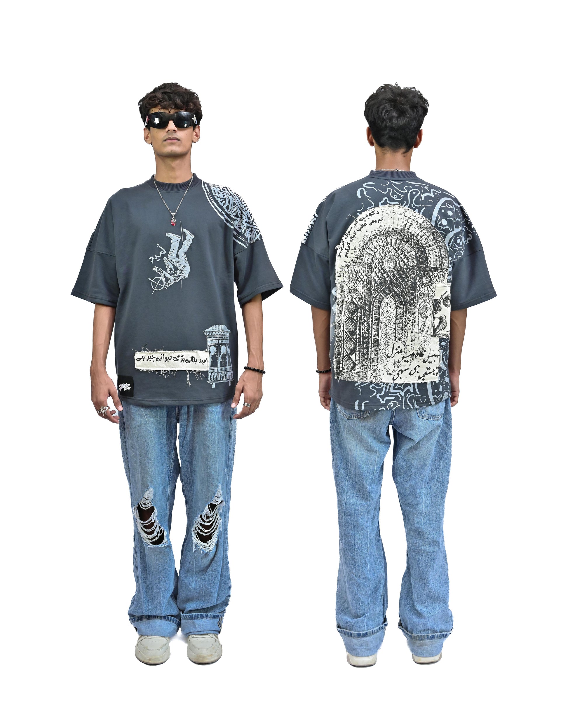 Person wearing "Ash Fade" a white graphic t-shirt with text on the back, standing against a white background made in pakistan