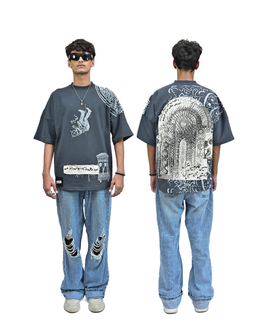 Person wearing "Ash Fade" a white graphic t-shirt with text on the back, standing against a white background made in pakistan